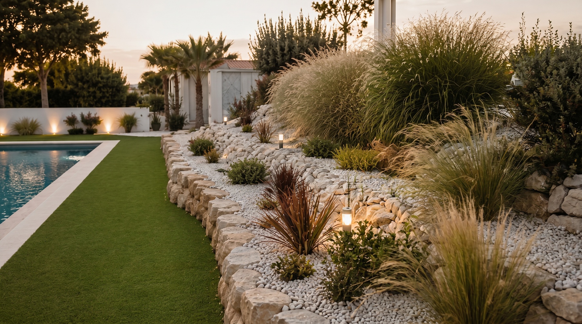 Luxury Portuguese garden at dusk