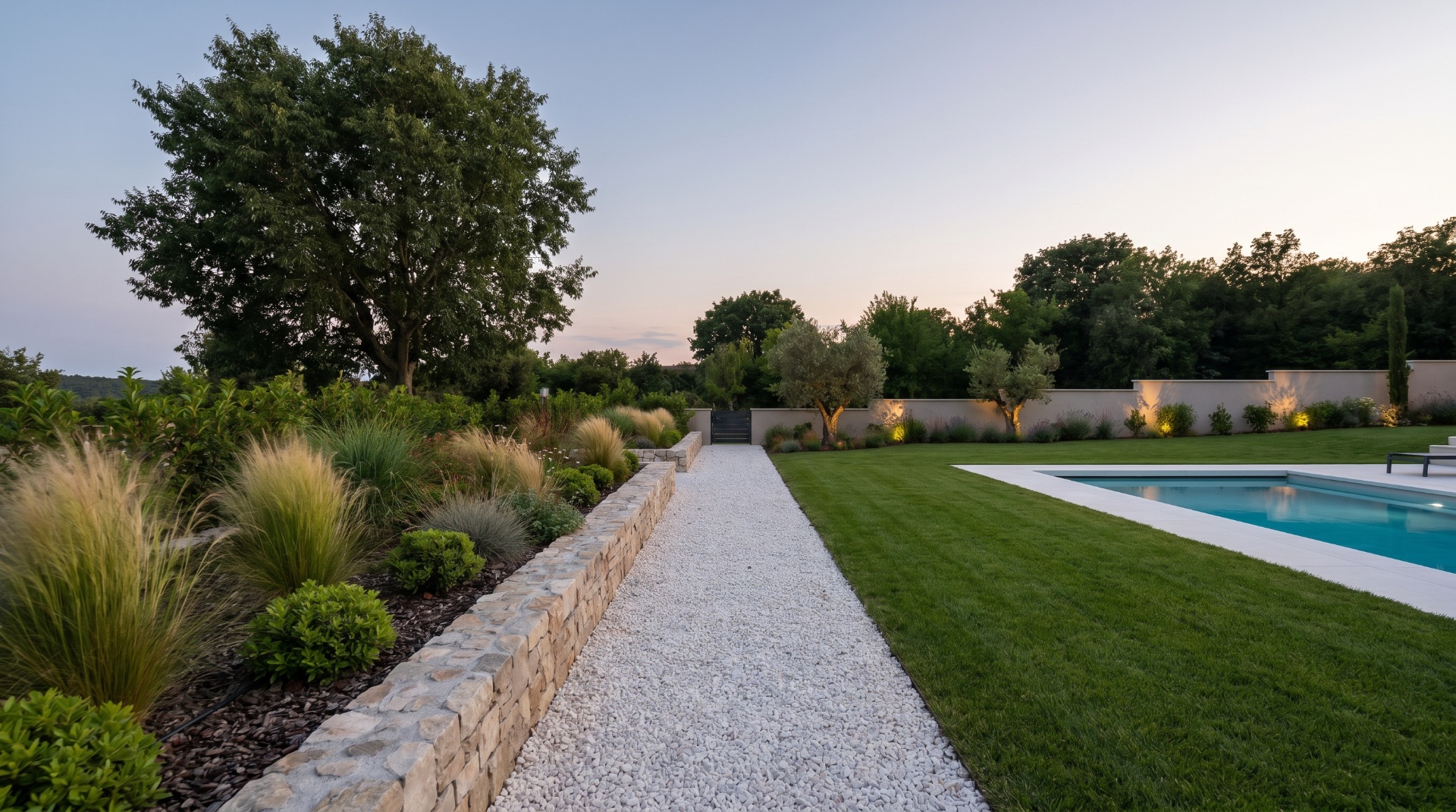 Manicured lawn, stone pathway and ornamental planting beside a swimming pool in a Silver Coast garden at dusk